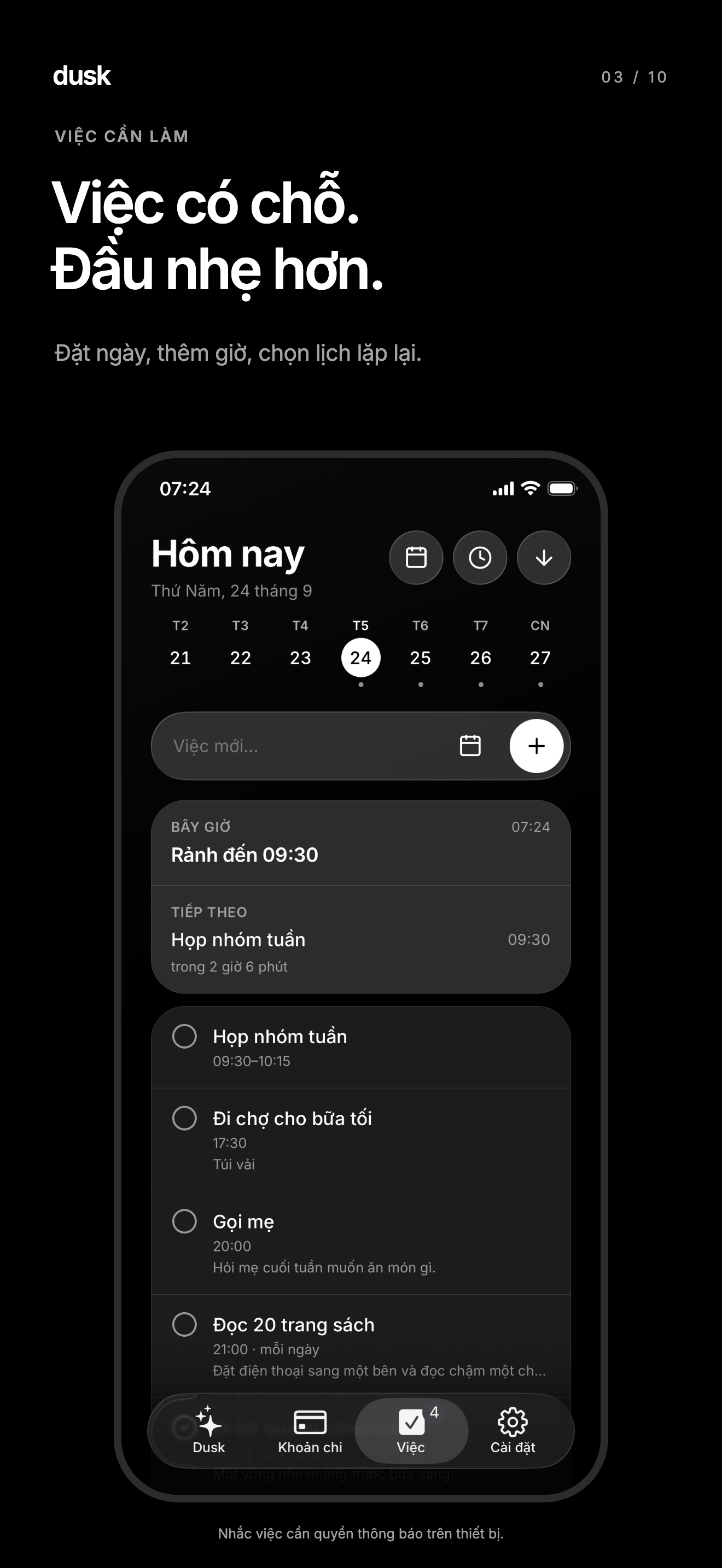 Việc có chỗ. Đầu nhẹ hơn.
